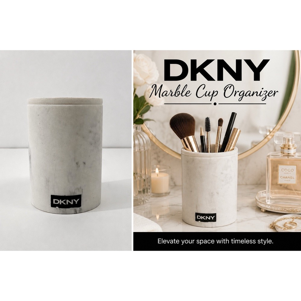DKNY White Marble Bath Cup Vanity Brush Holder Desk Pencil Organizer Decor